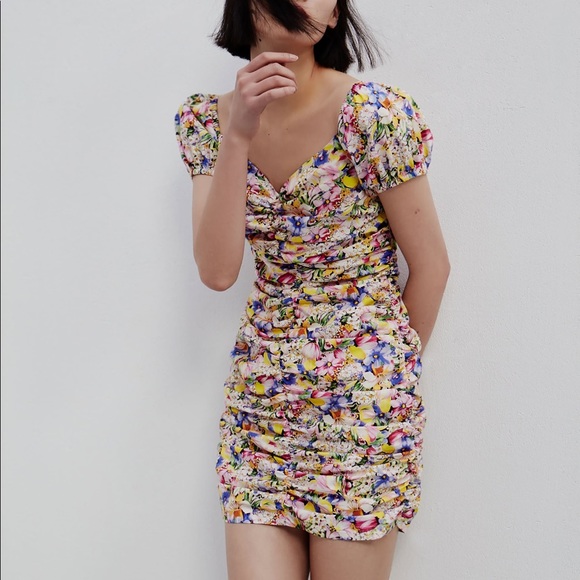Zara Dresses & Skirts - Zara | Floral Print Dress with Draped Fabric Sz M